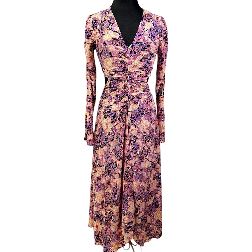 ALC Womens Purple Pink Floral Paisley Ruched Cutout Long Sleeve Midi Dress 4